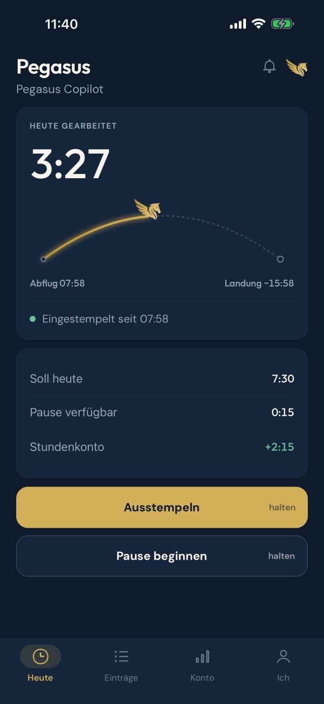 App-Bildschirm „Heute“: 3:27 gearbeitet, eingestempelt seit 07:58, die Flugbahn des Tages von Abflug 07:58 bis Landung gegen 15:58, Stundenkonto +2:15